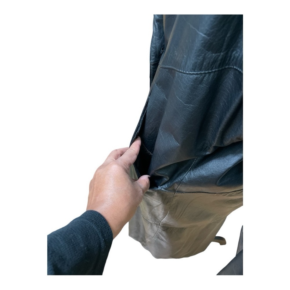 VTG G-III Genuine Leather Trench Coat Long Black Overcoat L Made in Indonesia - Picture 9 of 15